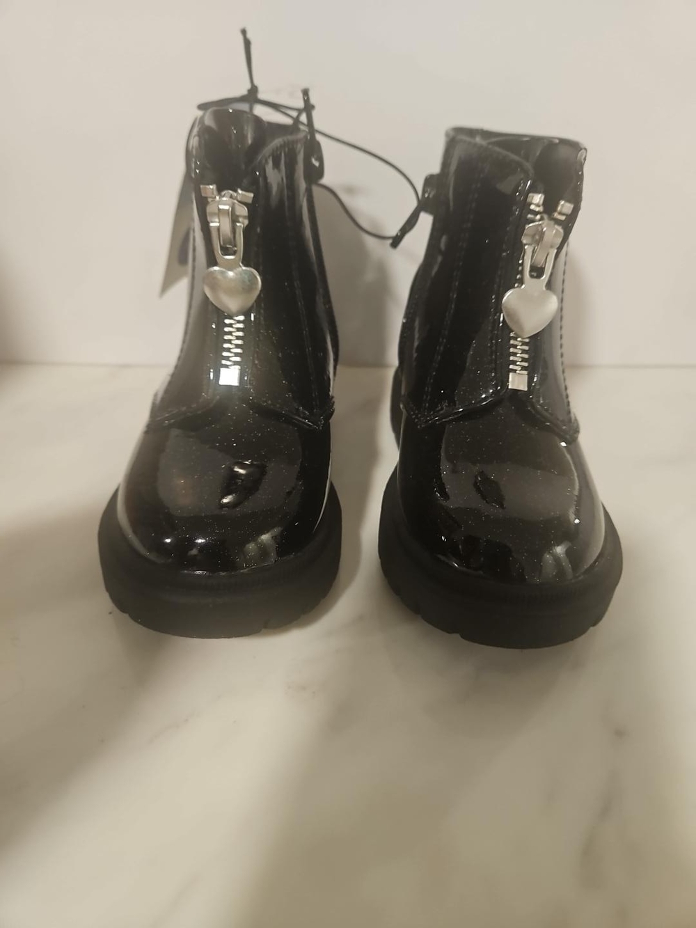 Cat & Jack Girls Black Patent Glitter Heart Zip Boots Size 6 NWT